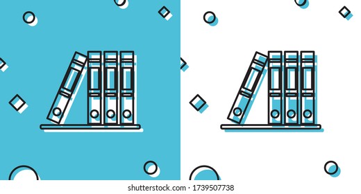 Carpetas de la Oficina Negra con papeles y documentos icono aislado en fondo azul y blanco. Firma de carpeta de archivos. Formas dinámicas aleatorias. Ilustración vectorial