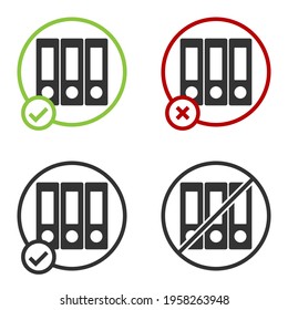 Black Office folders with papers and documents icon isolated on white background. Office binders. Archives folder sign. Circle button. Vector Illustration