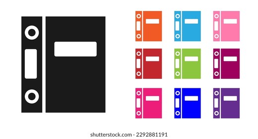 Carpetas de la oficina negra con el icono de documentos y papeles aislados en fondo blanco. Anexos de Office. Firma de carpeta de archivos. Indique los iconos en colores. Ilustración vectorial