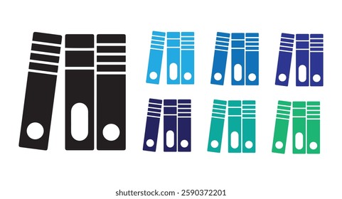 Black Office folders with papers and documents icon set. vector illustration
