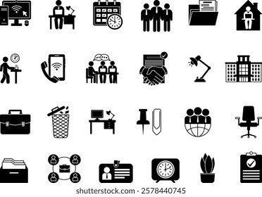 Black Office Icon Set. Vector Icons Computer, Employee, Team, Desk, Office Chair, Documents, Archive, Meetings, Trash, Briefcase, Corporate, Coffee Break and Others