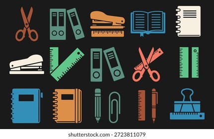 Ícones do Black Office. Sólido, preenchido ícone conjunto de material de escritório caneta, lápis, notebook, clipe de papel, grampeador