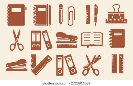 Iconos negros de la oficina. Sólido, lleno conjunto de iconos de suministros de oficina pluma, lápiz, cuaderno, clip