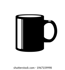 Black office mug glyph vector object isolated on white background. Ceramic cup in flat cartoon element with empty space for decoration. Morning symbol