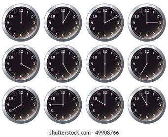 Reloj de pared de oficinas negras que muestra cada hora del día con marco plateado