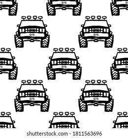 Black off-road SUVs isolated on white background. Automotive monochrome seamless pattern. Front view. Vector flat graphic hand drawn illustration. Texture.