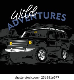 Black off-road vehicle exploring wild mountain adventure under dark sky background. Outdoor exploration concept
