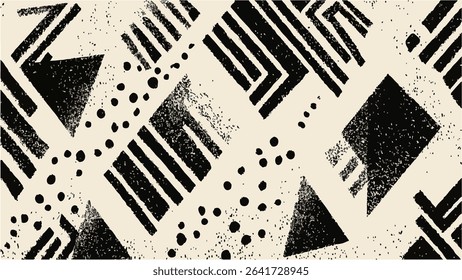 Black and off-white geometric shapes including triangles and rectangles are arranged in a textured pattern against a beige background. Small black dots are scattered throughout. 