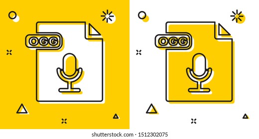 Black OGG file document. Download ogg button icon isolated on yellow and white background. OGG file symbol. Random dynamic shapes. Vector Illustration