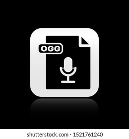 Black OGG file document. Download ogg button icon isolated on black background. OGG file symbol. Silver square button. Vector Illustration
