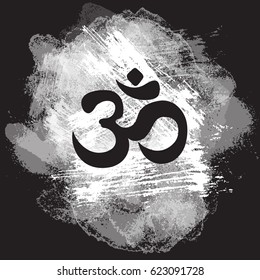 Black Ohm symbol on hand-drawn grange background, indian Diwali spiritual sign Om. Print, tattoo, yoga, spirituality, textiles.