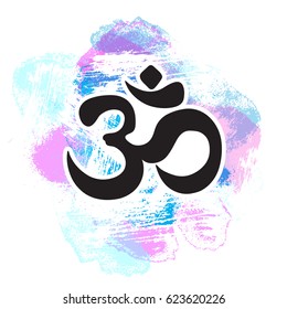 Black Ohm symbol on hand-drawn colorful pastel background, indian Diwali spiritual sign Om. Print, tattoo, yoga, spirituality, textiles.