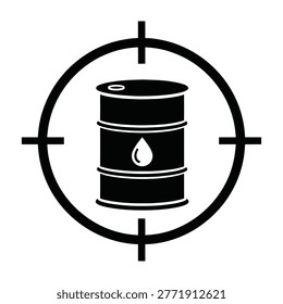 A black oil barrel with a drop of oil is centered in a crosshair on a white background, symbolizing target or aim in industrial or financial contexts.