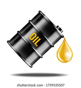 Black oil barrel with oil drop isolated on white. Yellow Drop of oil dropping from black keg. Realistic objects with shadows. Vector illustration