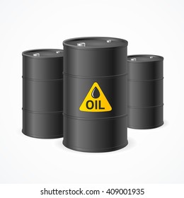 Black Oil Barrel Drums with Labels. Vector illustration