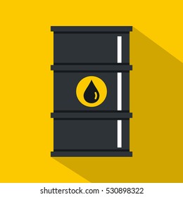 Black oil barrel icon. Flat illustration of black oil barrel vector icon for web isolated on yellow background