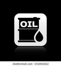 Black Oil barrel icon isolated on black background. Oil drum container. For infographics, fuel, industry, power, ecology. Silver square button. Vector Illustration