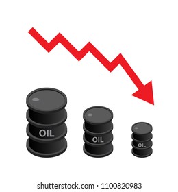 Black oil barrel isometric with red arrow, concept of falling crude oil price