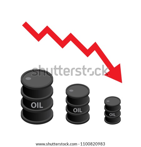Black oil barrel isometric with red arrow, concept of falling crude oil price