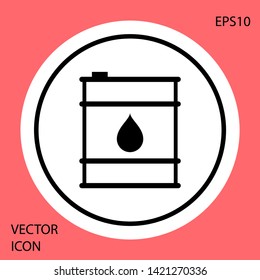 Black Oil barrel line icon isolated on red background. Oil drum container. For infographics, fuel, industry, power, ecology. White circle button. Vector Illustration