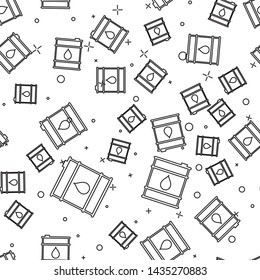 Black Oil barrel line icon isolated seamless pattern on white background. Oil drum container. For infographics, fuel, industry, power, ecology. Vector Illustration