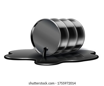 Black Oil Barrel Is Lying In Spilled Puddle Of Crude Oil. Vector Illustration Isolated On White Background