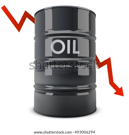 Black oil barrel with red arrow going down vector illustration. Oil price fall concept.