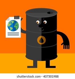 Black oil barrel tin  engaged in a global search. Flat style vector illustration. Funny cartoon character business design for the oil producing and refining companies