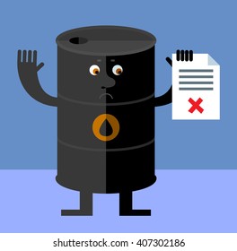 Black oil barrel tin  holding checklist with X sign. Flat style vector illustration. Funny cartoon character business design for the oil producing and refining companies