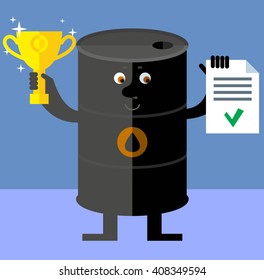 Black oil barrel tin   holding winning trophy and check list. Flat style vector illustration. Funny cartoon character business design for the oil producing and refining companies