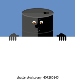 Black oil barrel tin  holding a blank sheet. Flat style vector illustration. Funny cartoon character business design for the oil producing and refining companies