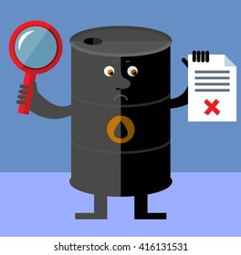 Black oil barrel tin  with magnifier glass holding checklist with X sign. Unsuccessful searching. Flat style vector illustration. Funny cartoon character business design for the oil producing 