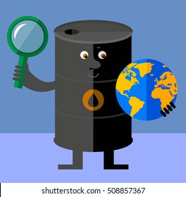 Black oil barrel tin  with magnifier glass and globe. Global search. Flat style vector illustration. Funny cartoon character business design for the oil producing and refining companies