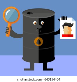 Black oil barrel tin with magnifier glass and person photo. Flat style vector illustration. Funny cartoon character business design for the oil producing and refining companies