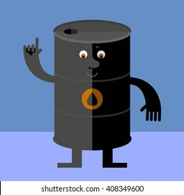 Black oil barrel tin  making attention gesture with forefinger. Flat style vector illustration. Funny cartoon character business design for the oil producing and refining companies
