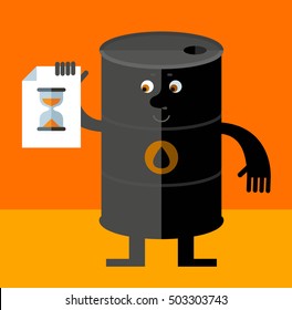 Black oil barrel tin  with preloader icon. Flat style vector illustration. Funny cartoon character business design for the oil producing and refining companies