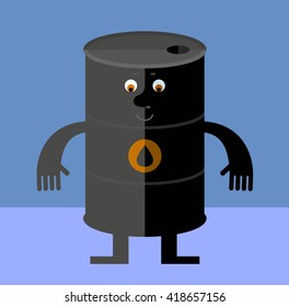 Black oil barrel tin  standing. Flat style vector illustration. Funny cartoon character business design for the oil producing and refining companies