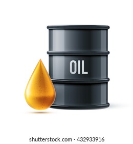 black oil barrel with yellow oil drop isolated on white realistic objects with shadows