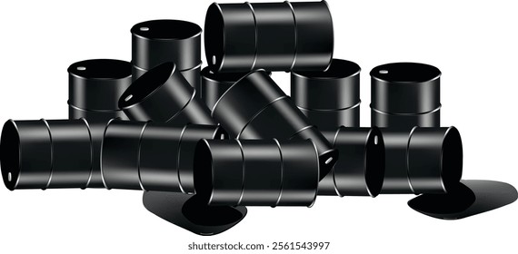 Black oil barrels spilling crude oil, representing environmental damage and pollution