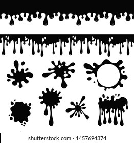 Black oil blots and splashes set, seamless line of dripping oil or ink,  isolated on white background. 