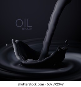 Black Oil Crown Splash. Vector 3d Illustration Of Crude Oil