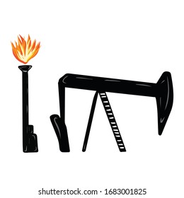 Black oil derrick crane and gas flare isolated on white background. Hand drawn vector illustration in cartoon style. Element for print, decoration, web design. Problem of petroleum production