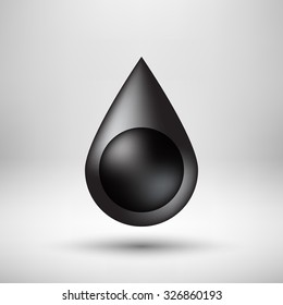 Black oil drop, bubble badge, realistic icon template with reflex, realistic shadow and light background for design concepts, banners, applications, apps, presentations and prints. Vector illustration