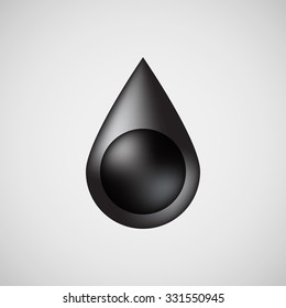 Black oil drop, bubble badge, realistic icon template with reflex and light background for design concepts, internet sites, UI, applications, apps, presentations and prints. Vector illustration.