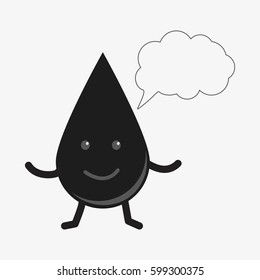 Black oil drop doodle character with speech bubble. Isolated on white background. Flat vector stock illustration