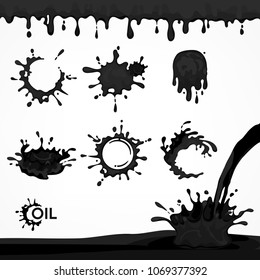 Black oil drops and splash, set of paint dripping liquid drips and flows down oil, for boring industry. Vector illustration.