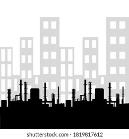 Black oil factory silhouette and industrial city view. Petroleum industry. Vector template for web, infographics or interface design. Oil and gas market. Energy business and environmental problems