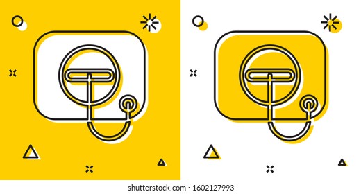 Black Oil filler cap opening at the gas station icon isolated on yellow and white background. Random dynamic shapes. Vector Illustration