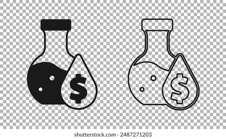 Black Oil petrol test tube icon isolated on transparent background. Cmemistry flask and falling drop.  Vector