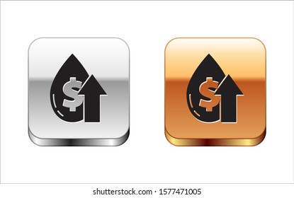 Black Oil price increase icon isolated on white background. Oil industry crisis concept. Silver-gold square button. Vector Illustration